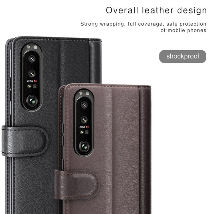 For Sony Xperia 1 III 5G Split Leather Genuine Leather Protective Cover Magnetic Clasp Wallet Stand Phone Case - Black