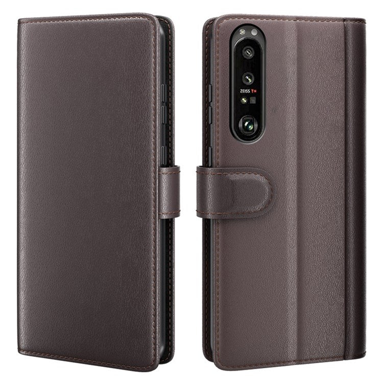 For Sony Xperia 1 III 5G Split Leather Genuine Leather Protective Cover Magnetic Clasp Wallet Stand Phone Case - Brown
