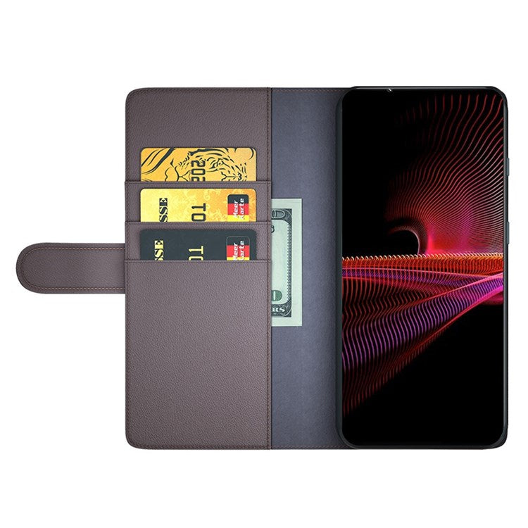 For Sony Xperia 1 III 5G Split Leather Genuine Leather Protective Cover Magnetic Clasp Wallet Stand Phone Case - Brown