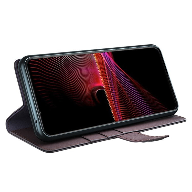 For Sony Xperia 1 III 5G Split Leather Genuine Leather Protective Cover Magnetic Clasp Wallet Stand Phone Case - Brown