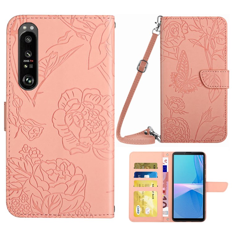 For Sony Xperia 1 III 5G Skin-touch PU Leather Phone Case Bag, Pattern Imprinting Design Hands-free Stand Wallet Cover with Shoulder Strap - Pink