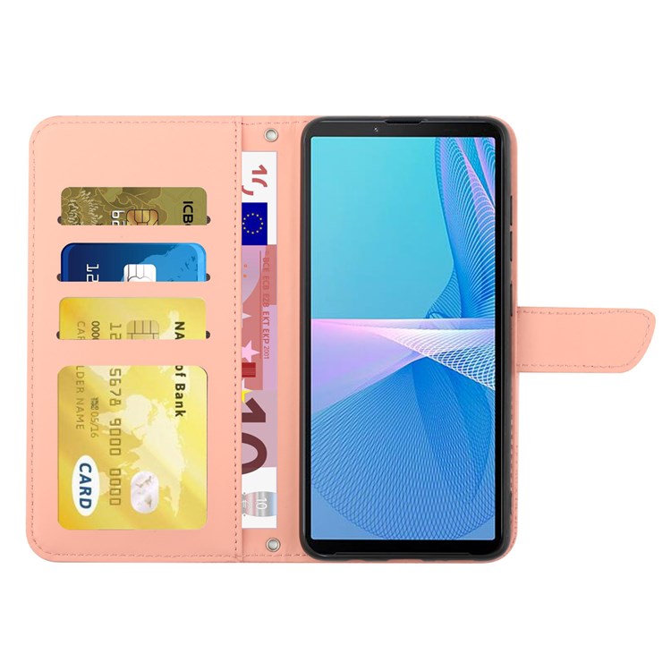 For Sony Xperia 1 III 5G Skin-touch PU Leather Phone Case Bag, Pattern Imprinting Design Hands-free Stand Wallet Cover with Shoulder Strap - Pink