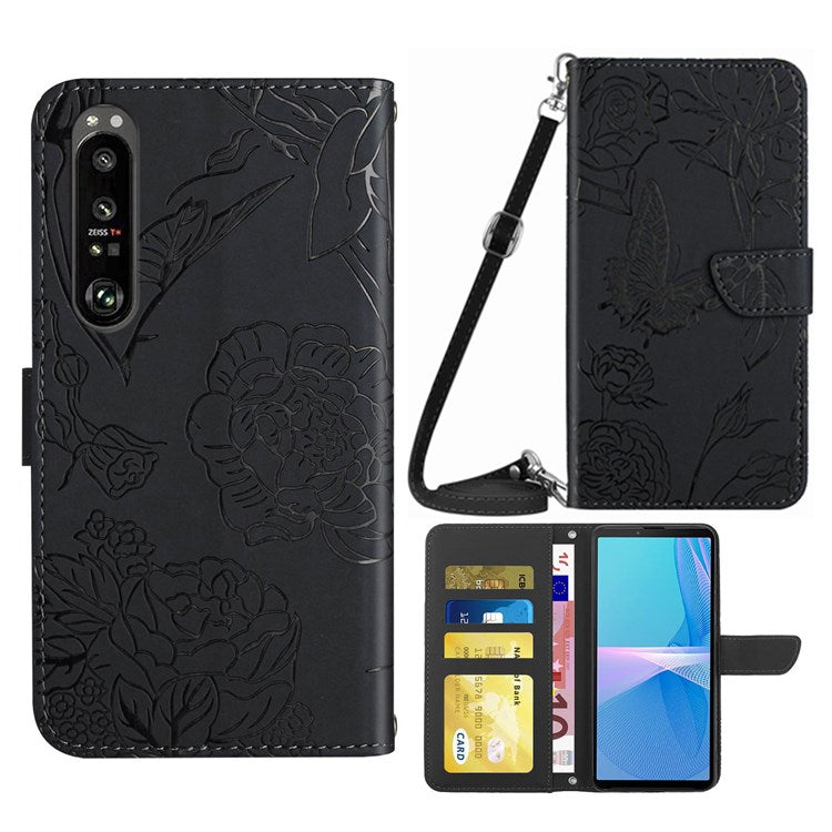 For Sony Xperia 1 III 5G Skin-touch PU Leather Phone Case Bag, Pattern Imprinting Design Hands-free Stand Wallet Cover with Shoulder Strap - Black