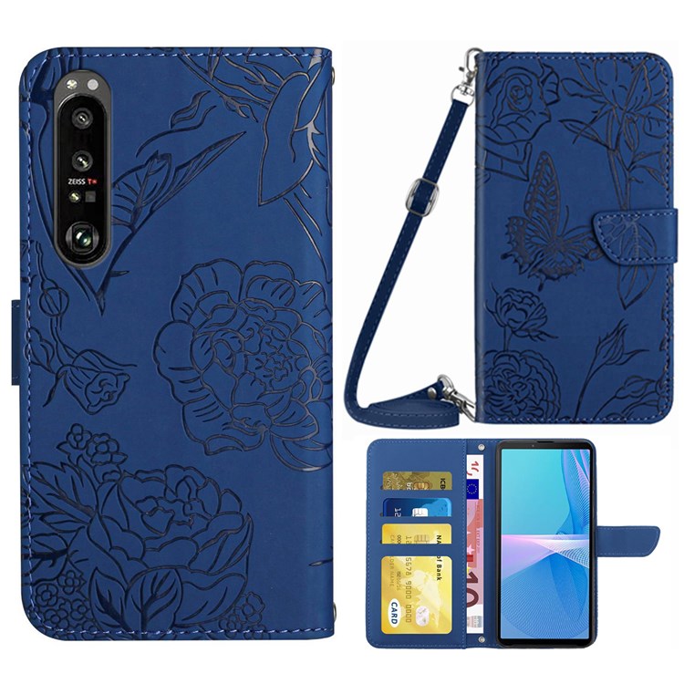 For Sony Xperia 1 III 5G Skin-touch PU Leather Phone Case Bag, Pattern Imprinting Design Hands-free Stand Wallet Cover with Shoulder Strap - Blue