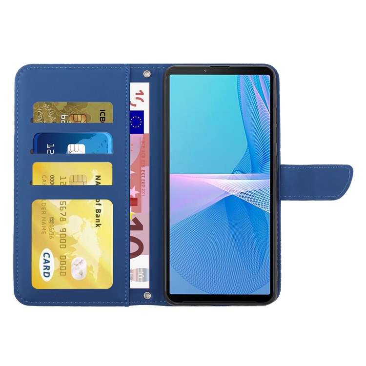For Sony Xperia 1 III 5G Skin-touch PU Leather Phone Case Bag, Pattern Imprinting Design Hands-free Stand Wallet Cover with Shoulder Strap - Blue