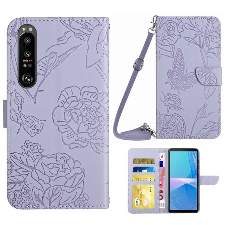 For Sony Xperia 1 III 5G Skin-touch PU Leather Phone Case Bag, Pattern Imprinting Design Hands-free Stand Wallet Cover with Shoulder Strap - Light Purple