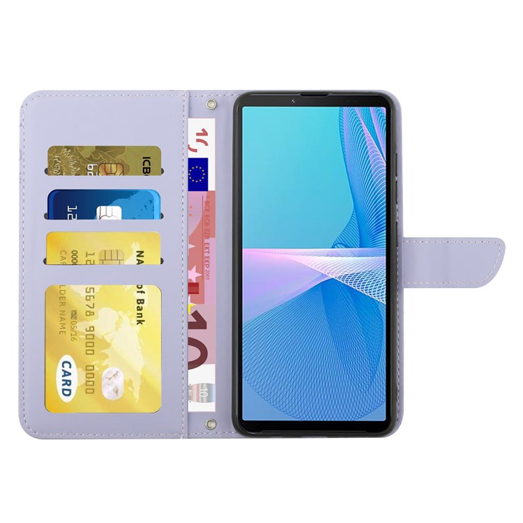 For Sony Xperia 1 III 5G Skin-touch PU Leather Phone Case Bag, Pattern Imprinting Design Hands-free Stand Wallet Cover with Shoulder Strap - Light Purple