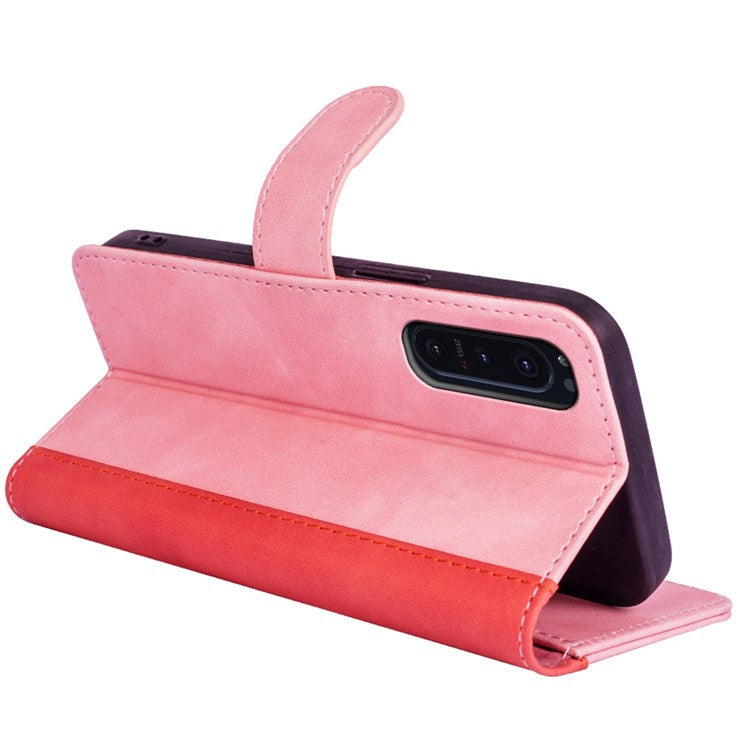 For Sony Xperia 5 II Color Splicing Flip Wallet Phone Case PU Leather Inner TPU Full Body Shockproof Magnetic Closure Stand Cover - Pink