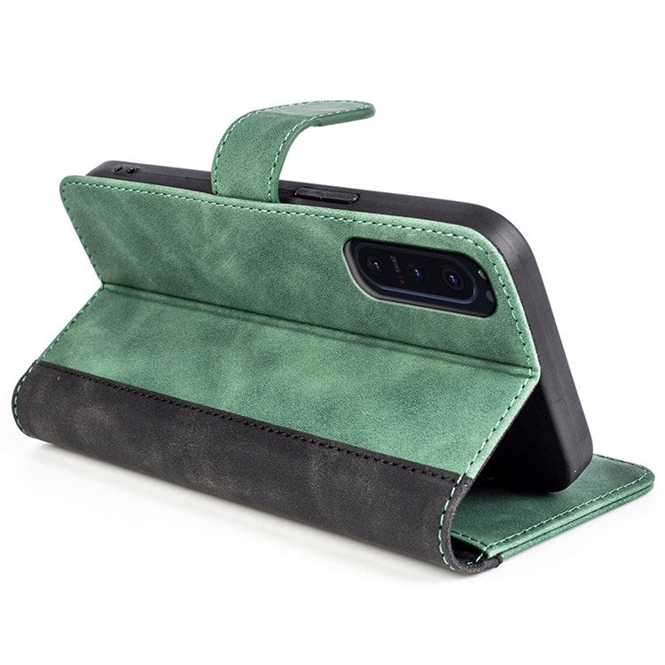 For Sony Xperia 5 II Color Splicing Flip Wallet Phone Case PU Leather Inner TPU Full Body Shockproof Magnetic Closure Stand Cover - Green
