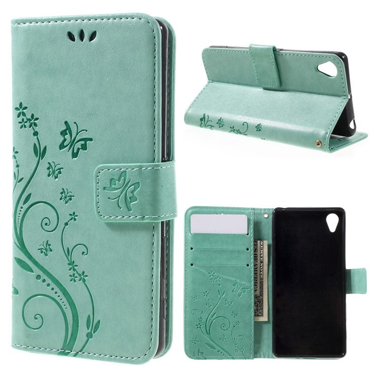 Butterfly Leather Wallet Case Shell for Sony Xperia X - Cyan