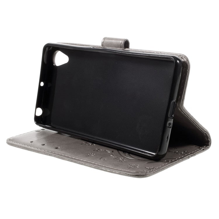 Butterfly Imprinted Leather Wallet Flip Case for Sony Xperia X Performance - Grey