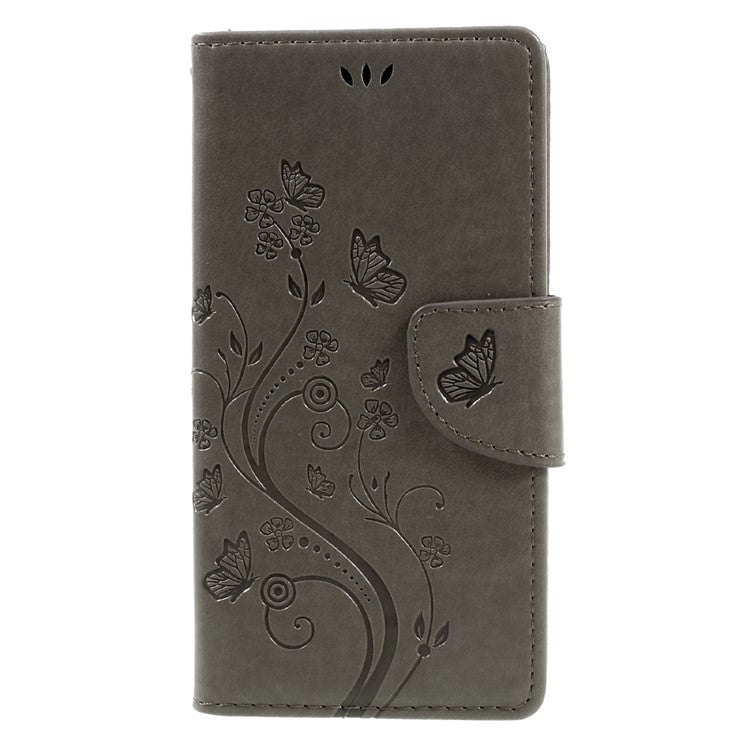 Imprint Floral Butterfly Leather Cover for Sony Xperia XZs / XZ with Lanyard - Grey