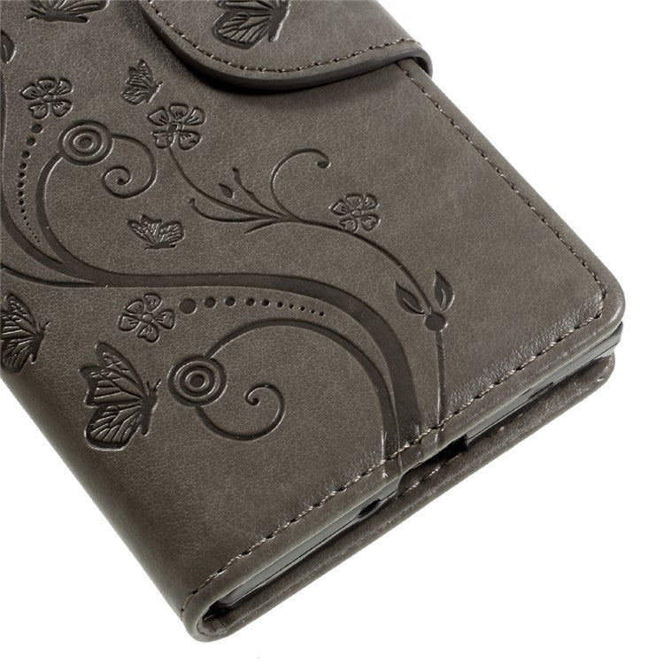 Imprint Floral Butterfly Leather Cover for Sony Xperia XZs / XZ with Lanyard - Grey