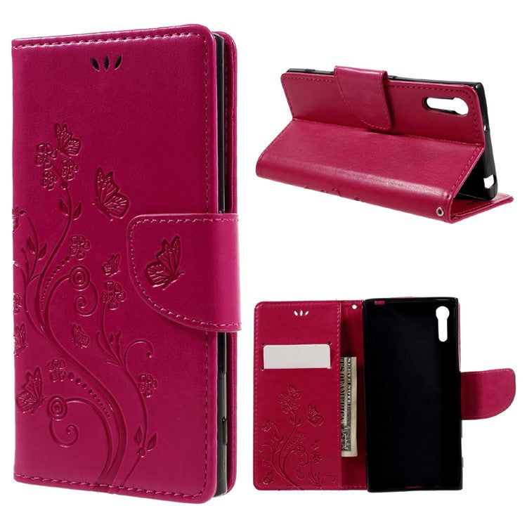 Imprint Floral Butterfly Leather Wallet Case for Sony Xperia XZs / XZ with Lanyard - Rose