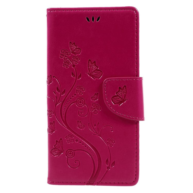 Imprint Floral Butterfly Leather Wallet Case for Sony Xperia XZs / XZ with Lanyard - Rose