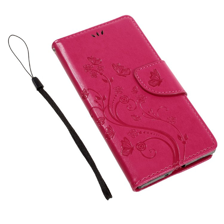Imprint Floral Butterfly Leather Wallet Case for Sony Xperia XZs / XZ with Lanyard - Rose