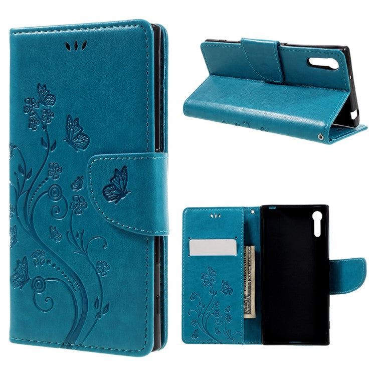 Imprint Floral Butterfly Leather Mganteic Case for Sony Xperia XZs / XZ with Lanyard - Blue