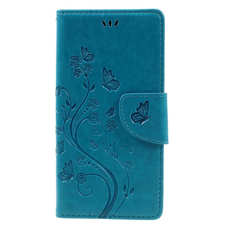 Imprint Floral Butterfly Leather Mganteic Case for Sony Xperia XZs / XZ with Lanyard - Blue