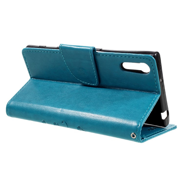 Imprint Floral Butterfly Leather Mganteic Case for Sony Xperia XZs / XZ with Lanyard - Blue