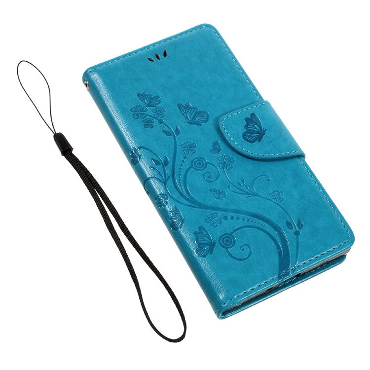 Imprint Floral Butterfly Leather Mganteic Case for Sony Xperia XZs / XZ with Lanyard - Blue