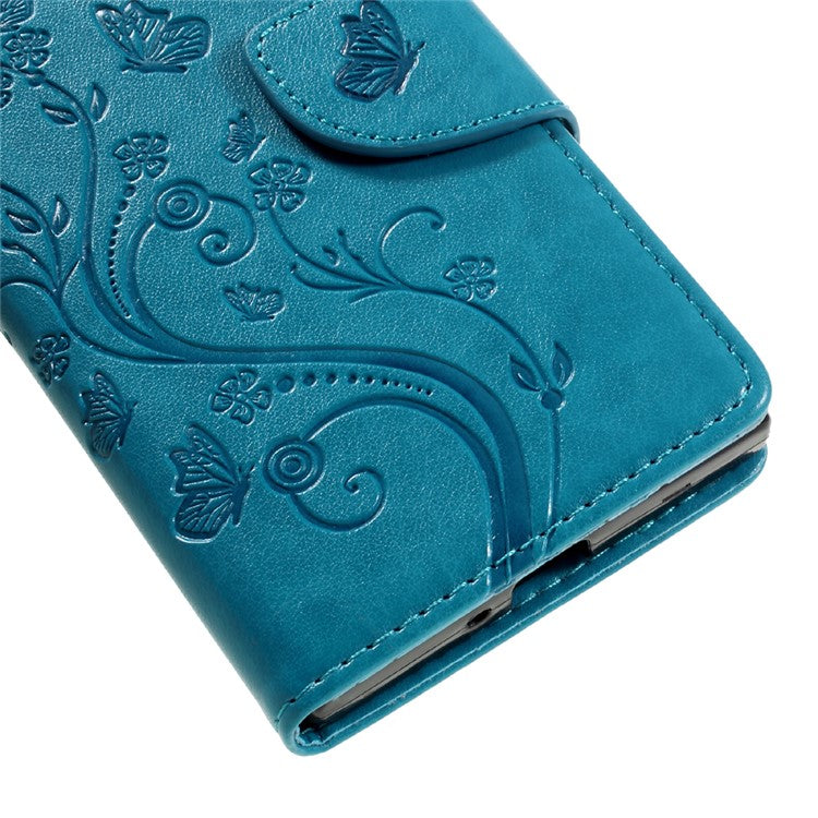 Imprint Floral Butterfly Leather Mganteic Case for Sony Xperia XZs / XZ with Lanyard - Blue