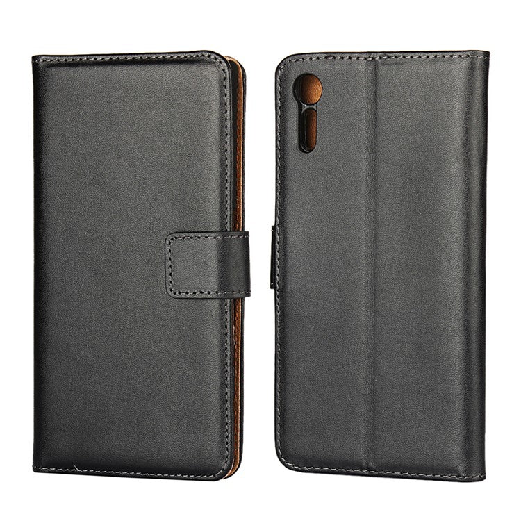 Wallet Stand Genuine Split Leather Case Cover for Sony Xperia XZs / XZ - Black