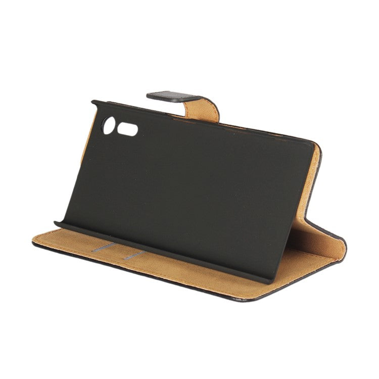 Wallet Stand Genuine Split Leather Case Cover for Sony Xperia XZs / XZ - Black
