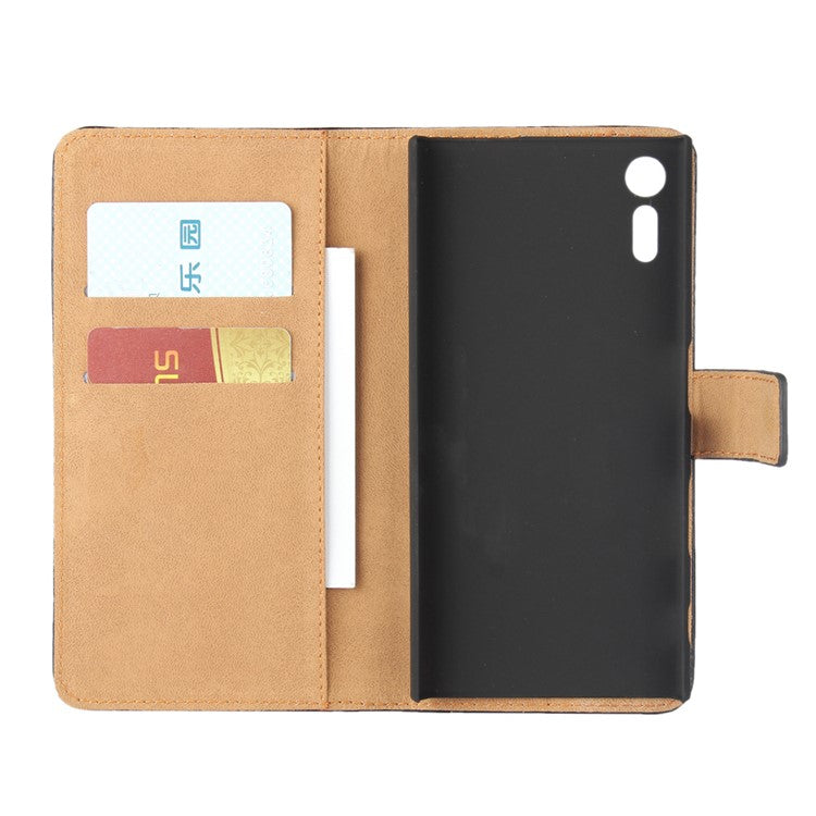 Wallet Stand Genuine Split Leather Case Cover for Sony Xperia XZs / XZ - Black