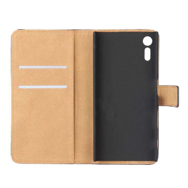 Wallet Stand Genuine Split Leather Case Cover for Sony Xperia XZs / XZ - Black