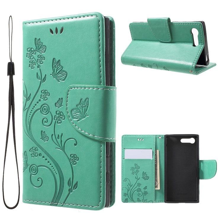 Imprinted Butterfly Flora Leather Card Holder Case for Sony Xperia X Compact - Cyan