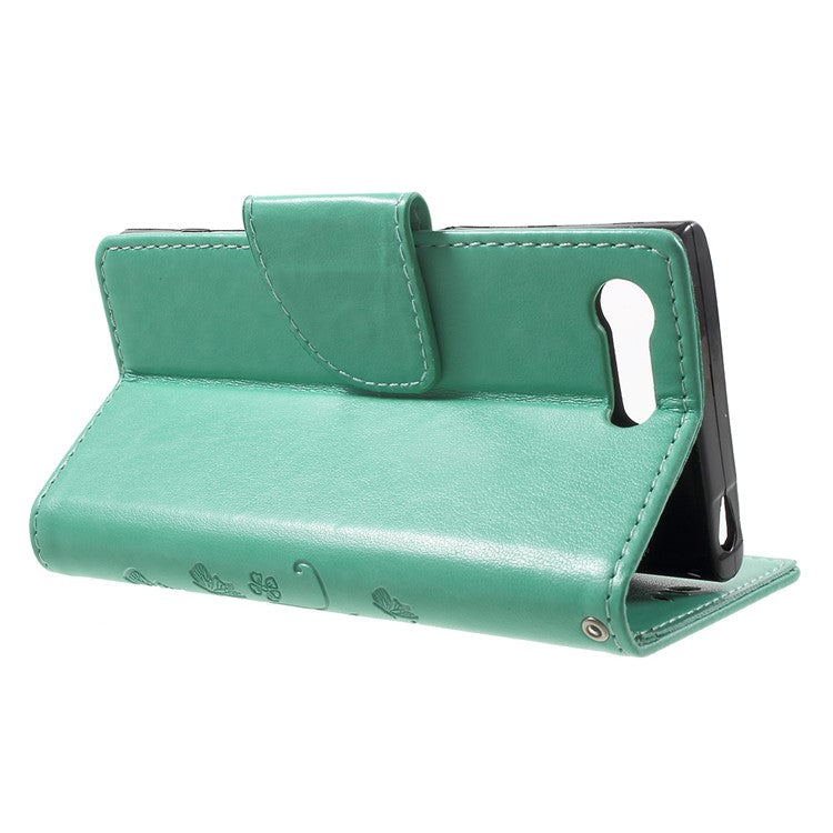 Imprinted Butterfly Flora Leather Card Holder Case for Sony Xperia X Compact - Cyan
