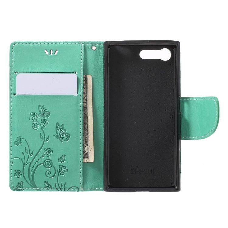 Imprinted Butterfly Flora Leather Card Holder Case for Sony Xperia X Compact - Cyan