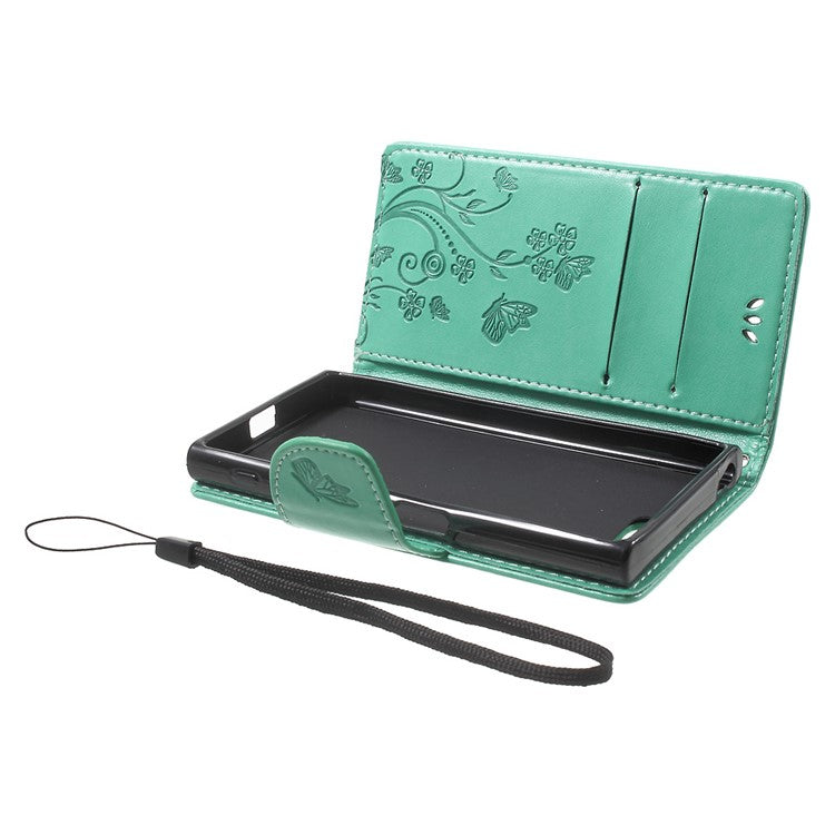 Imprinted Butterfly Flora Leather Card Holder Case for Sony Xperia X Compact - Cyan