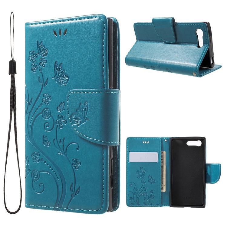 Imprinted Butterfly Flora Wallet Leather Stand Case for Sony Xperia X Compact - Blue