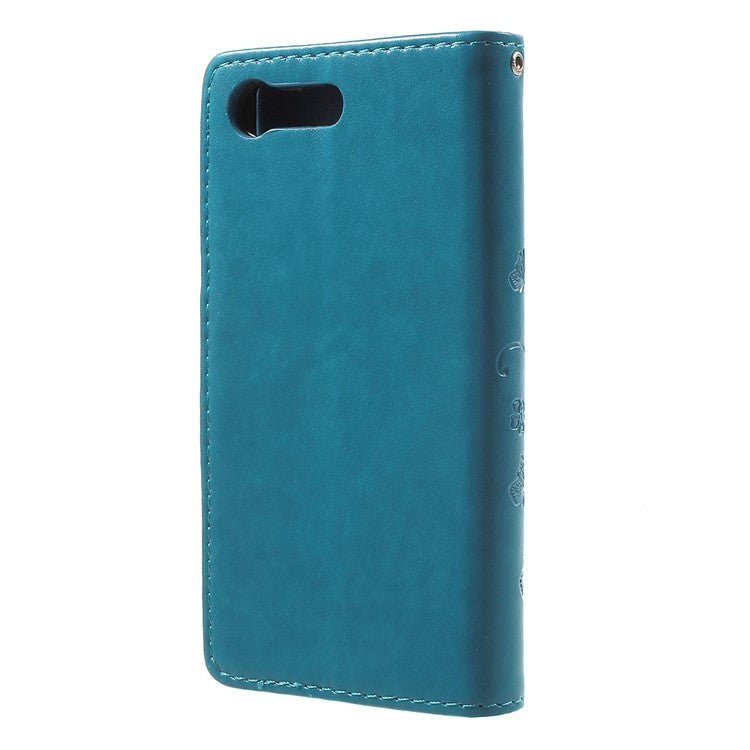 Imprinted Butterfly Flora Wallet Leather Stand Case for Sony Xperia X Compact - Blue