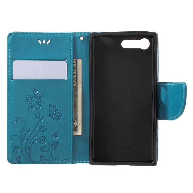 Imprinted Butterfly Flora Wallet Leather Stand Case for Sony Xperia X Compact - Blue