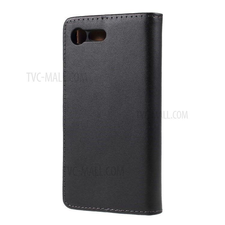 Genuine Split Leather Wallet Case with Stand for Sony Xperia X Compact - Black