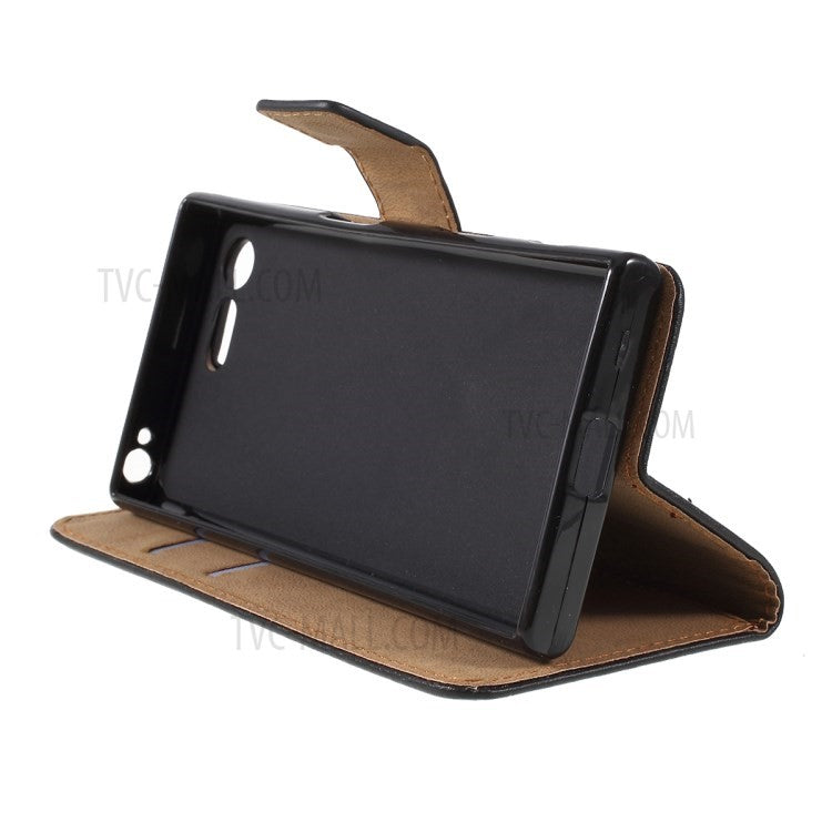 Genuine Split Leather Wallet Case with Stand for Sony Xperia X Compact - Black