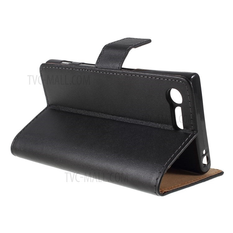Genuine Split Leather Wallet Case with Stand for Sony Xperia X Compact - Black