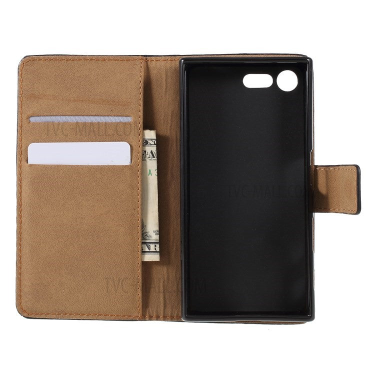 Genuine Split Leather Wallet Case with Stand for Sony Xperia X Compact - Black
