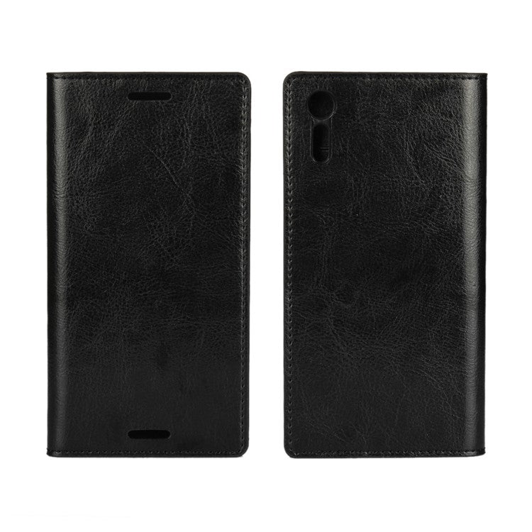 Crazy Horse Genuine Leather Wallet Case Cover for Sony Xperia XZs / XZ - Black