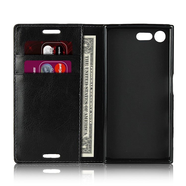 For Sony Xperia X Compact Crazy Horse Genuine Leather Wallet Case Shell - Black