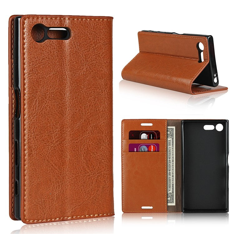 Crazy Horse Genuine Leather Mobile Casing Wallet for Sony Xperia X Compact - Brown
