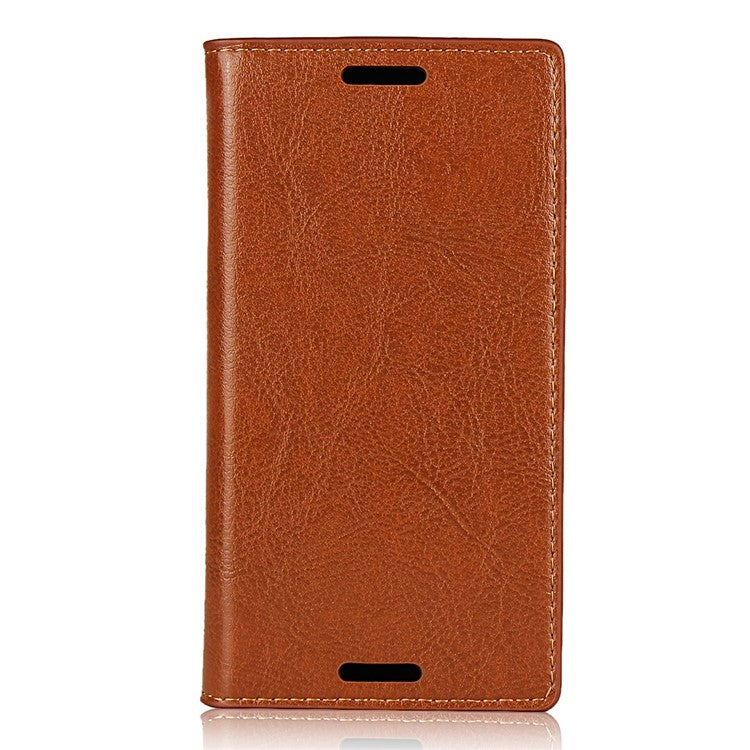 Crazy Horse Genuine Leather Mobile Casing Wallet for Sony Xperia X Compact - Brown