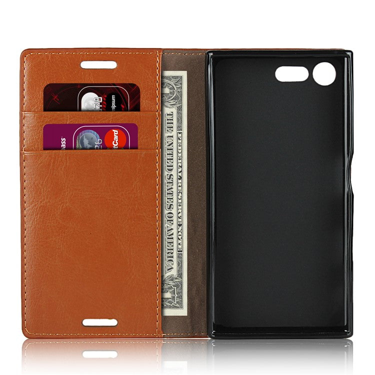 Crazy Horse Genuine Leather Mobile Casing Wallet for Sony Xperia X Compact - Brown
