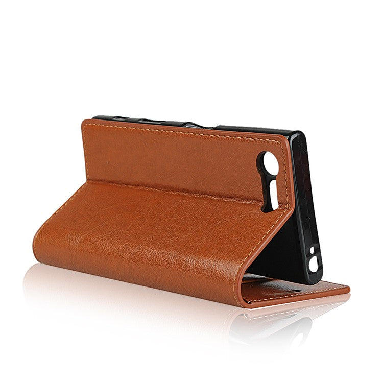 Crazy Horse Genuine Leather Mobile Casing Wallet for Sony Xperia X Compact - Brown