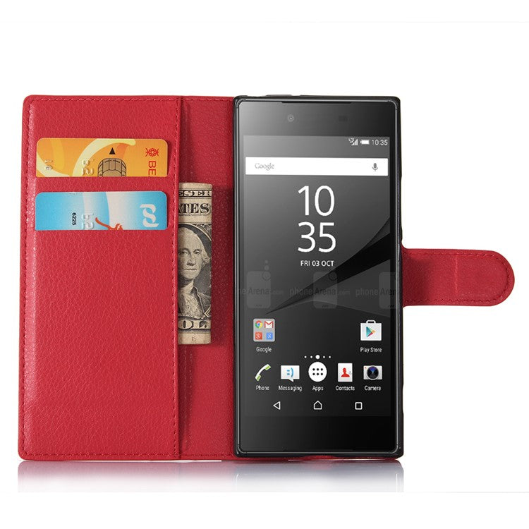 Litchi Grain Folio Flip Leather Wallet Shell for Sony Xperia XA1 - Red