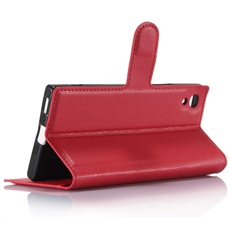 Litchi Grain Folio Flip Leather Wallet Shell for Sony Xperia XA1 - Red