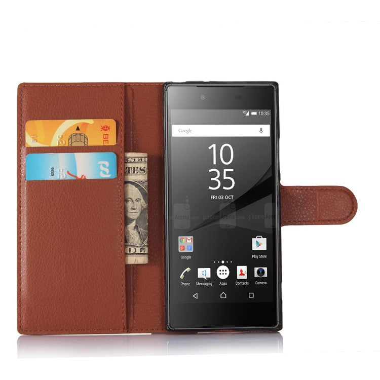Litchi Grain Leather Flip Case Stand Card Holder for Sony Xperia XA1 - Brown