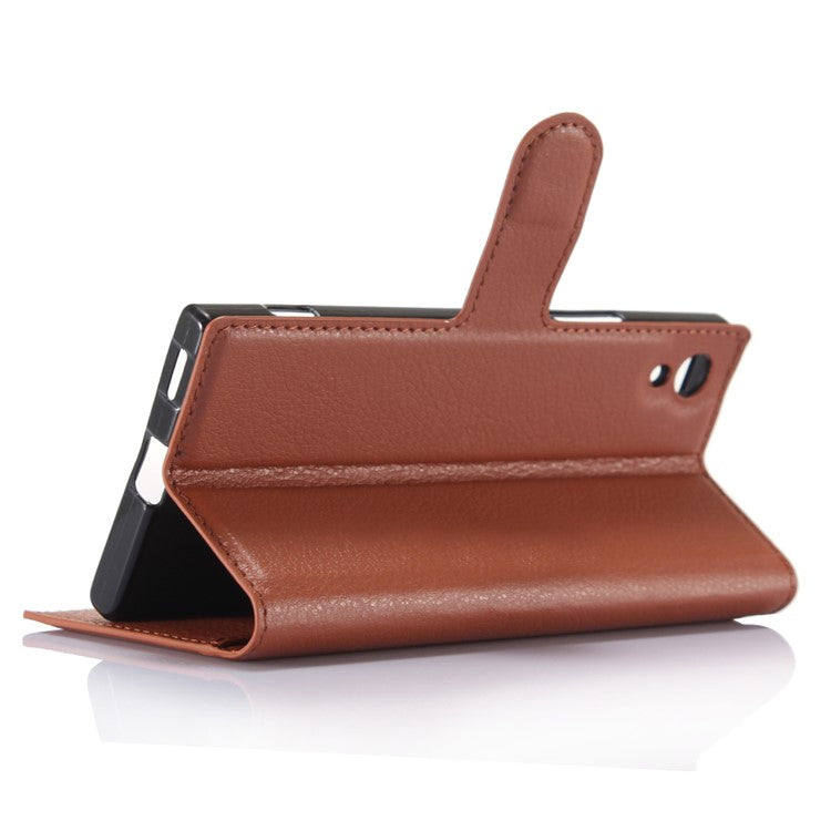 Litchi Grain Leather Flip Case Stand Card Holder for Sony Xperia XA1 - Brown